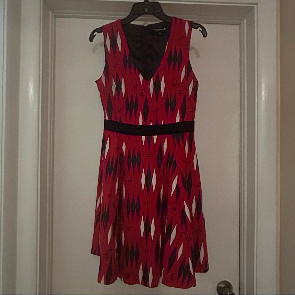 Sourpuss Red Black V-Neck Fit and Flare Midi Dress